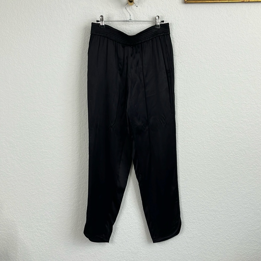 Princess Polly Satin Black Smocked Elastic Waist Pants Curved Hem Tuxedo Stripe
